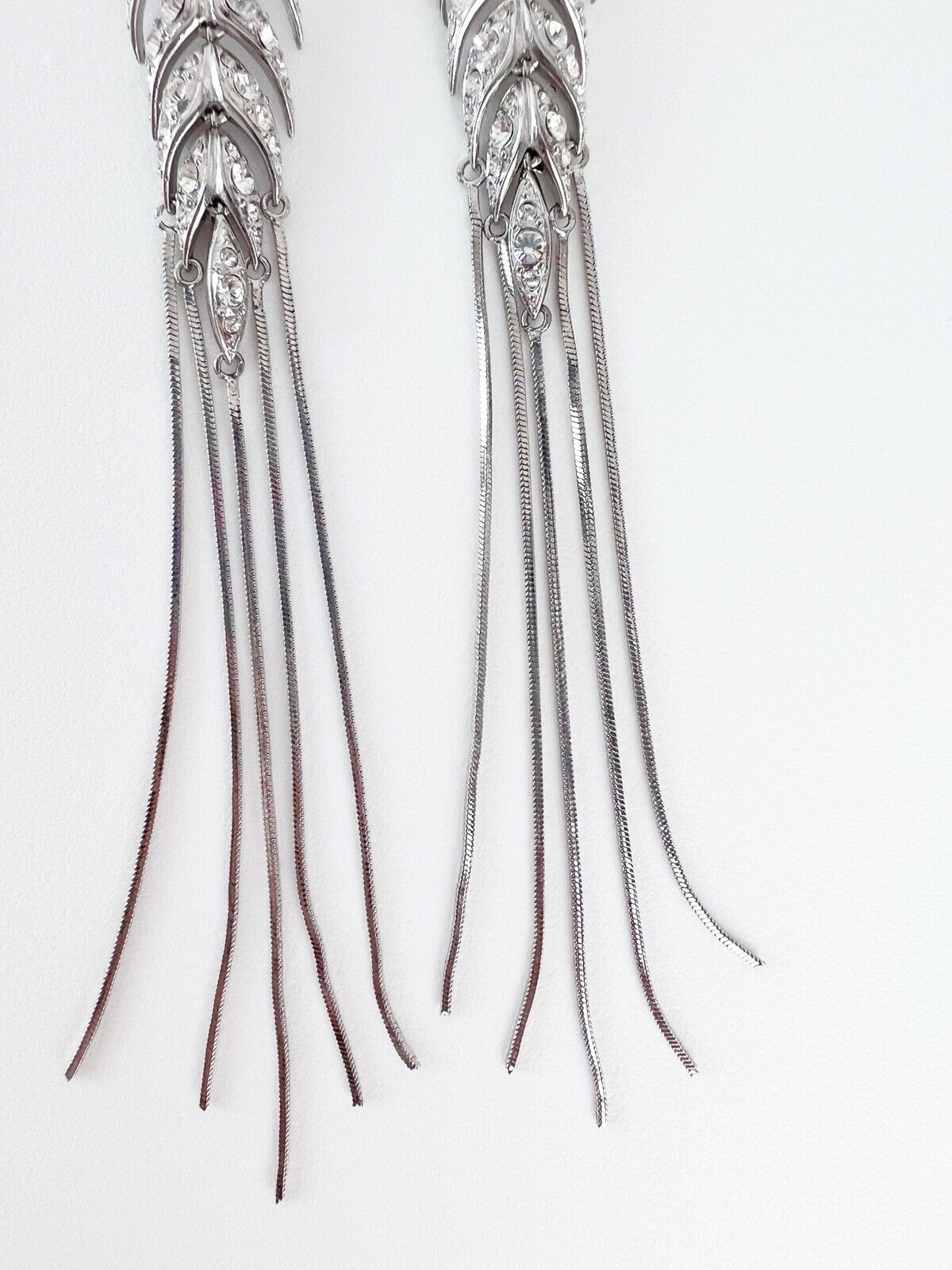Christian Dior Silver Tone Vintage Clip-On Earrings Long Logo Rhinestones