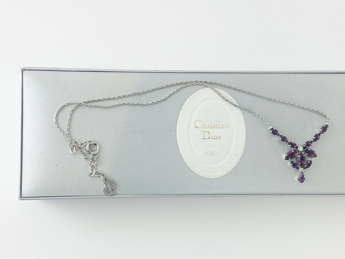 Christian Dior Germany Vintage Silver Tone Choker Necklace Rhinestone Purple