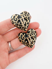 Jacques Fath Gold Tone Heart Clip-On Earrings Black JF Logo Rhinestone