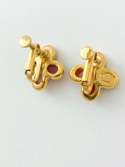 PIERRE BALMAIN PARIS Vintage Gold Tone Flower Earrings Glass Cabochon Brown