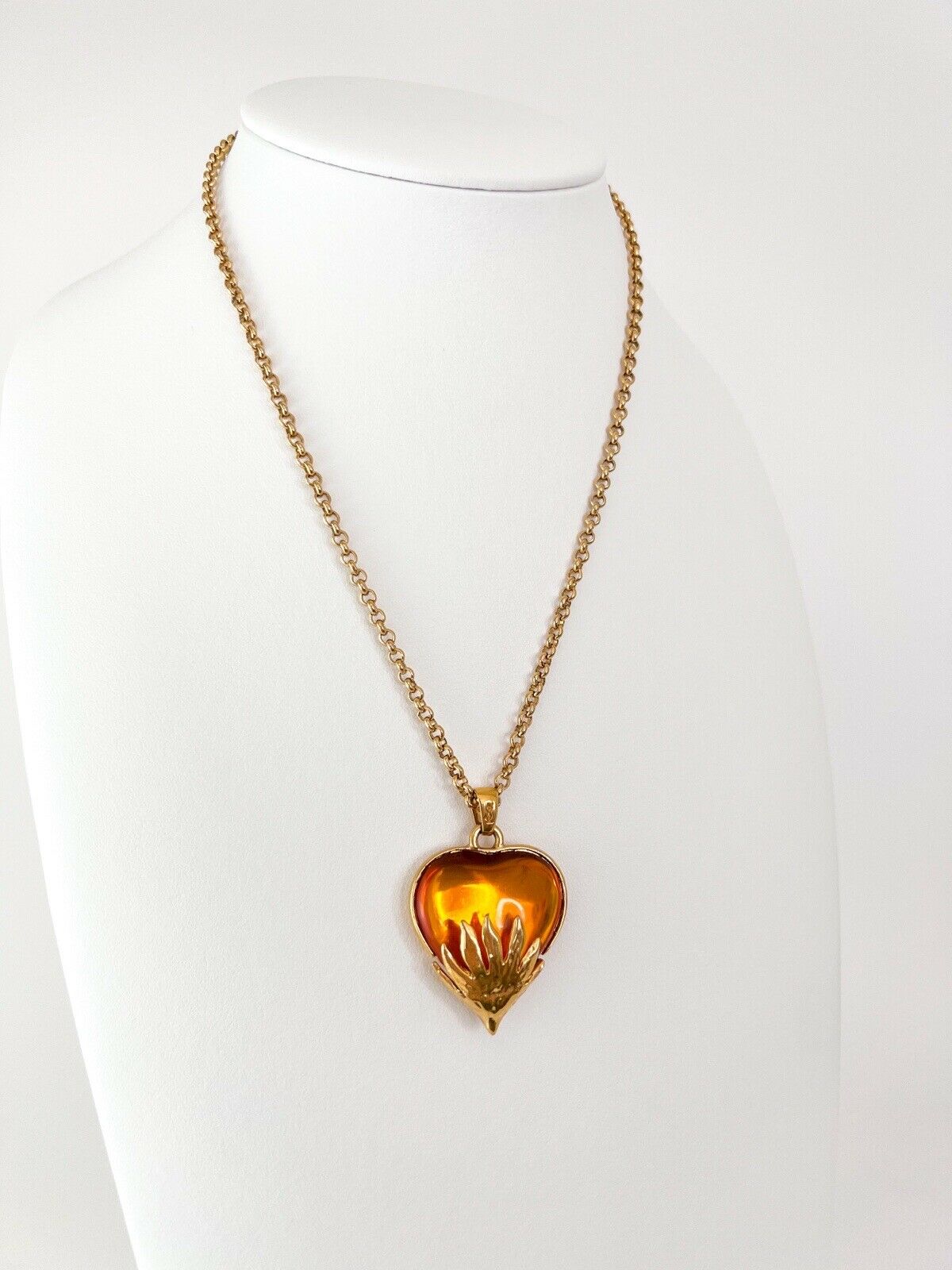 【SOLD OUT】YSL Yves Saint Laurent Vintage Gold Tone Heart Necklace Amber Cabochon