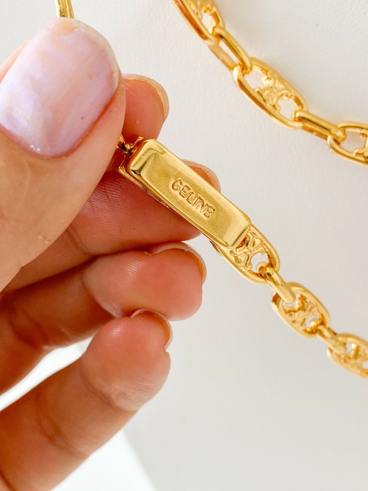 CELINE Paris Vintage Gold Tone Logo Link Long Necklace Belt Choker Made in Italy
