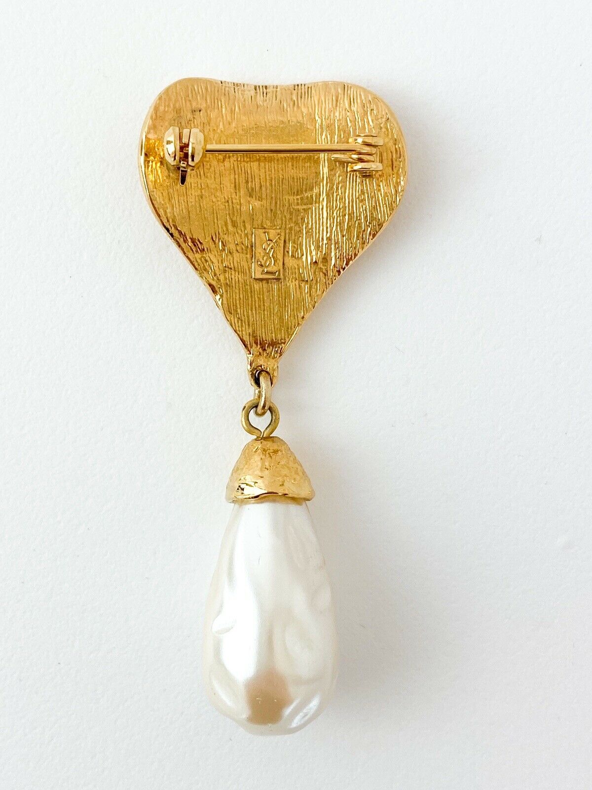 【SOLD OUT】YSL Yves Saint Laurent Vintage Gold Tone Heart Drop Brooch Pin Faux Pearl
