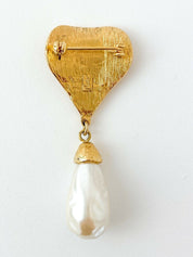 【SOLD OUT】YSL Yves Saint Laurent Vintage Gold Tone Heart Drop Brooch Pin Faux Pearl