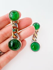 Vintage Dangling Earrings Chain Cabochon Emerald Green