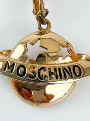 Moschino Vintage Star Saturn Planet Dangle Earrings Gold Tone Logo