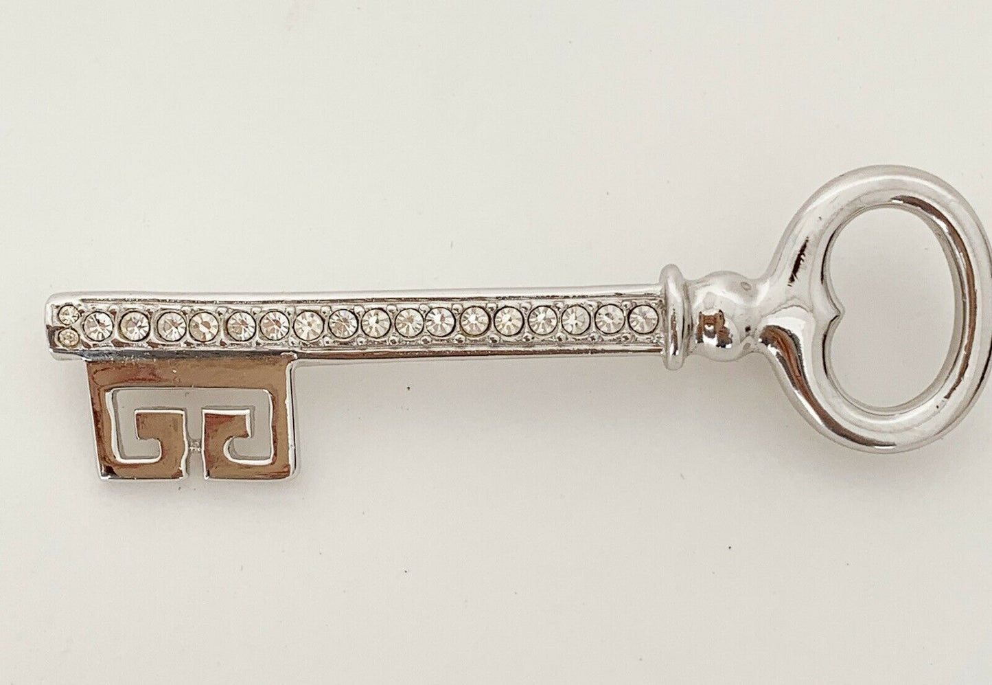 Givenchy Vintage Silver Tone Key Brooch Pin Crystals Large Beautiful