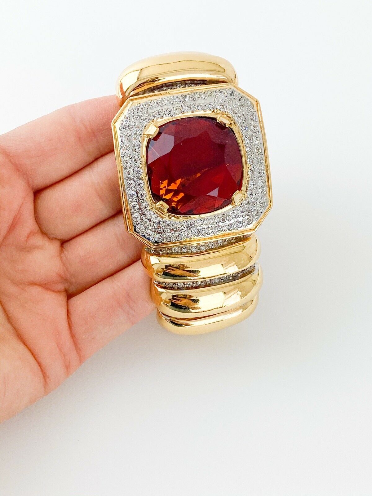 Valentino Gold Tone Vintage Massive Bracelet Bangle Amber Crystal Rhinestones