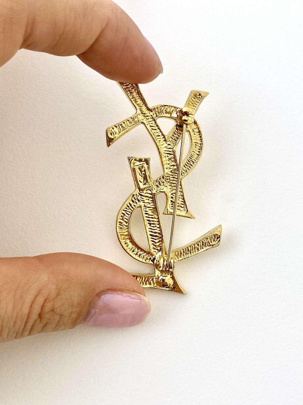 【SOLD OUT】YSL Yves Saint Laurent Vintage Gold Tone Logo Brooch Pin Rhinestones Collector Item