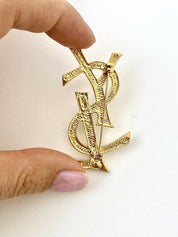 【SOLD OUT】YSL Yves Saint Laurent Vintage Gold Tone Logo Brooch Pin Rhinestones Collector Item