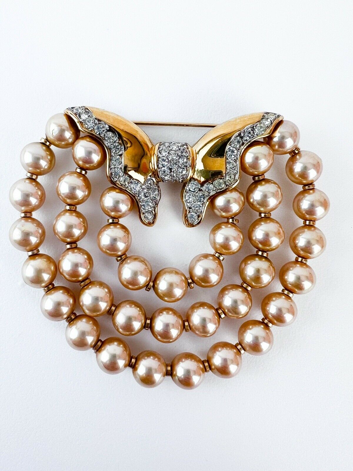 NINA RICCI Vintage Pearl Brooch Pin Butterfly Gold Tone Rhinestones