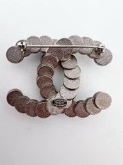 Chanel Vintage Silver Tone CC Logo Brooch Pin Natural Mother of Pearl Button Made in France