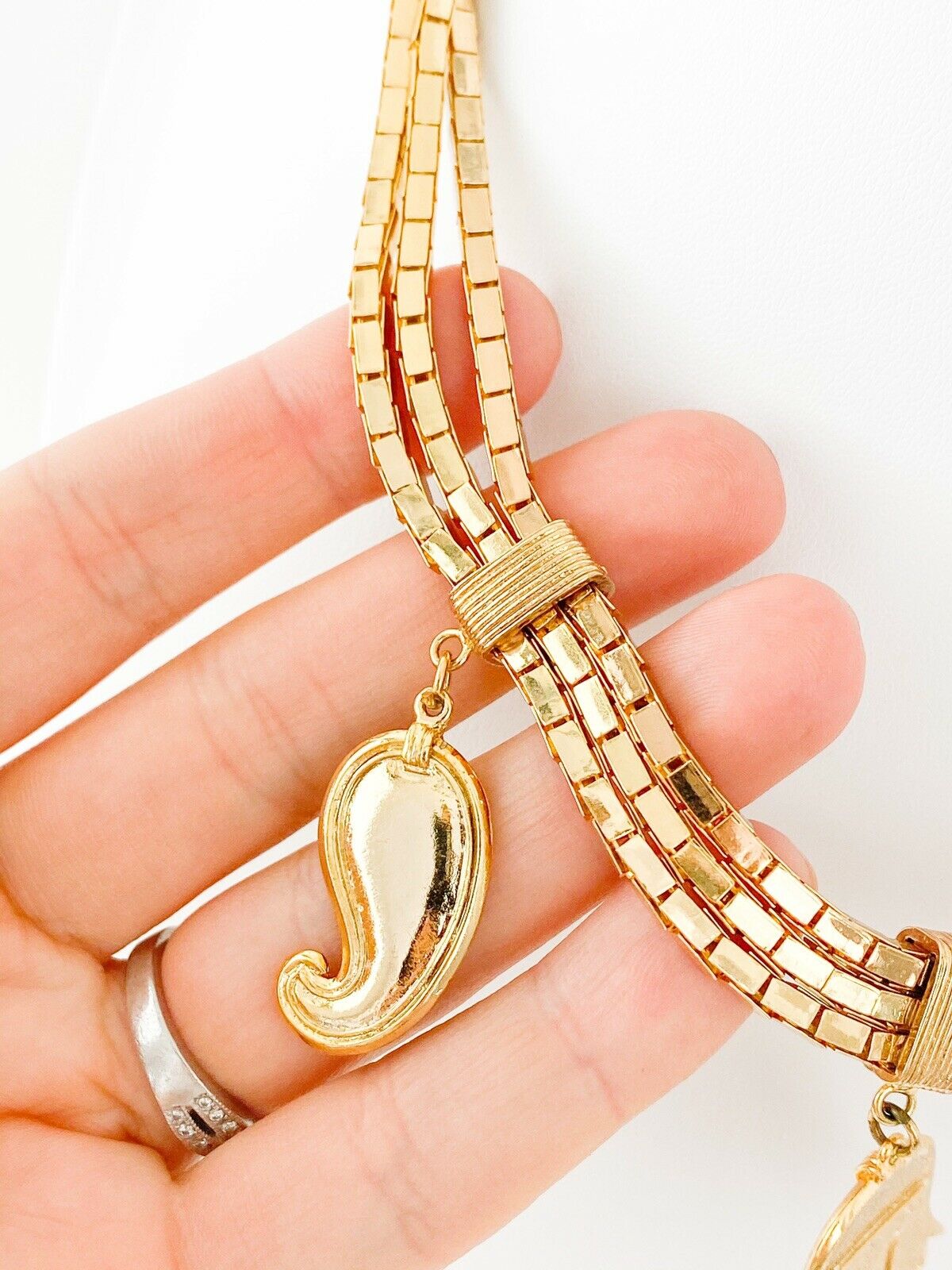 Balenciaga Paris Gold Tone Vintage Charm Necklace Black Enamel