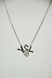 YSL Yves Saint Laurent Silver Tone Logo Heart Rhinestone Pendant Necklace Vintage
