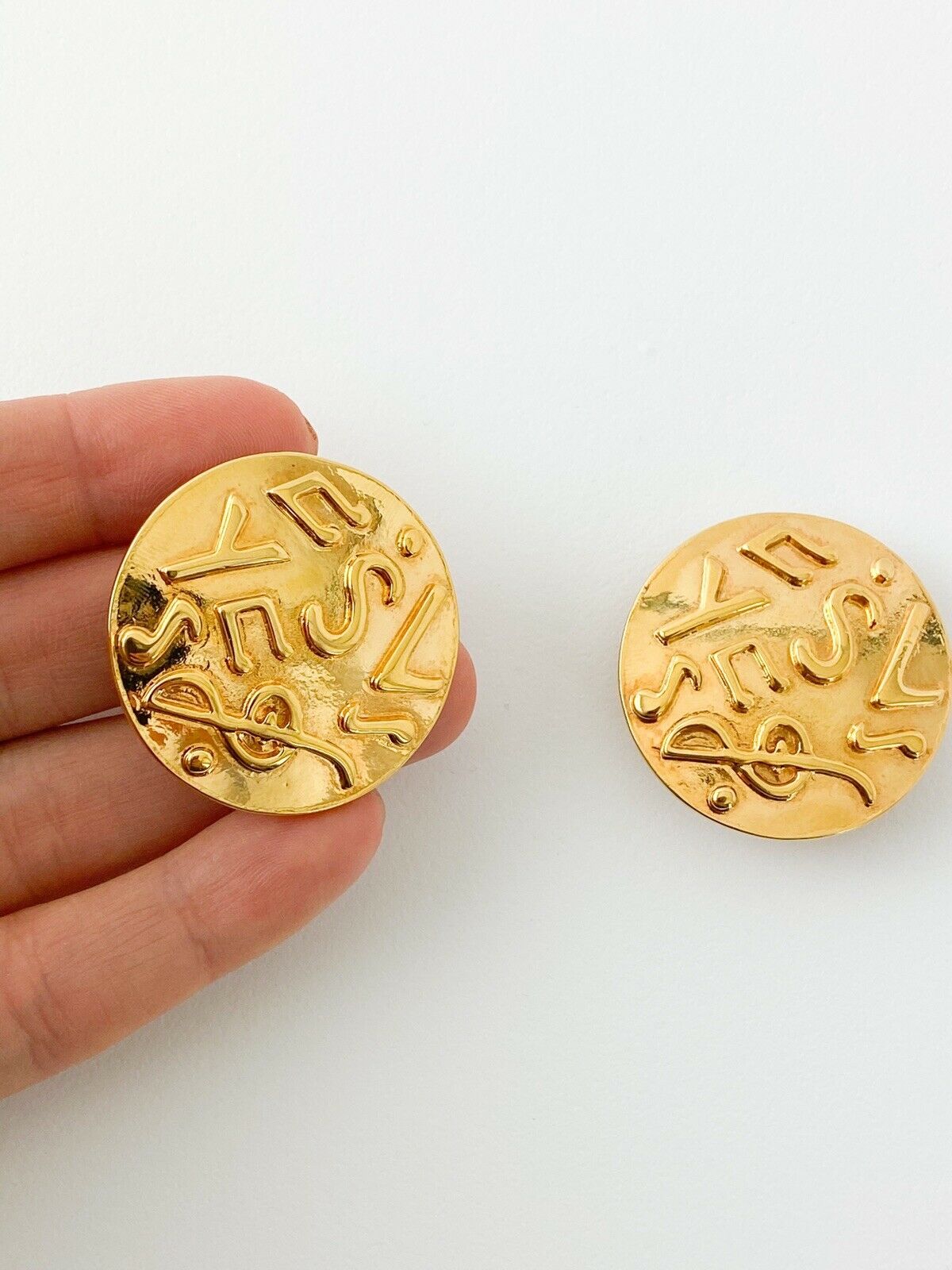 YSL Yves Saint Laurent Vintage Gold Tone Medal Earrings Logo Music Note