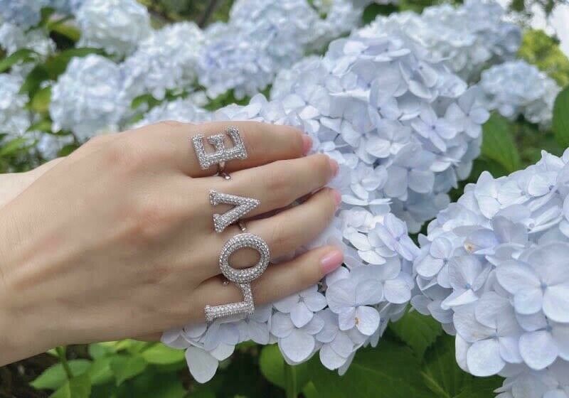 Alphabet Ring Initial E Swarovski Crystals Free Size Sterling Silver 925 Rhodium Plated