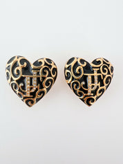Jacques Fath Gold Tone Heart Clip-On Earrings Black JF Logo Rhinestone