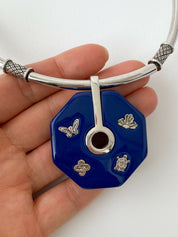 Givenchy 1976 Silver Tone Choker Necklace Epoxy Hexagon Butterfly Turtle Extremely Rare