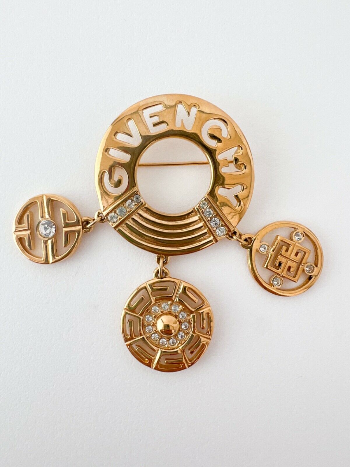 Givenchy Vintage Gold Tone Brooch Pin Logo Rhinestone Dangling Charms
