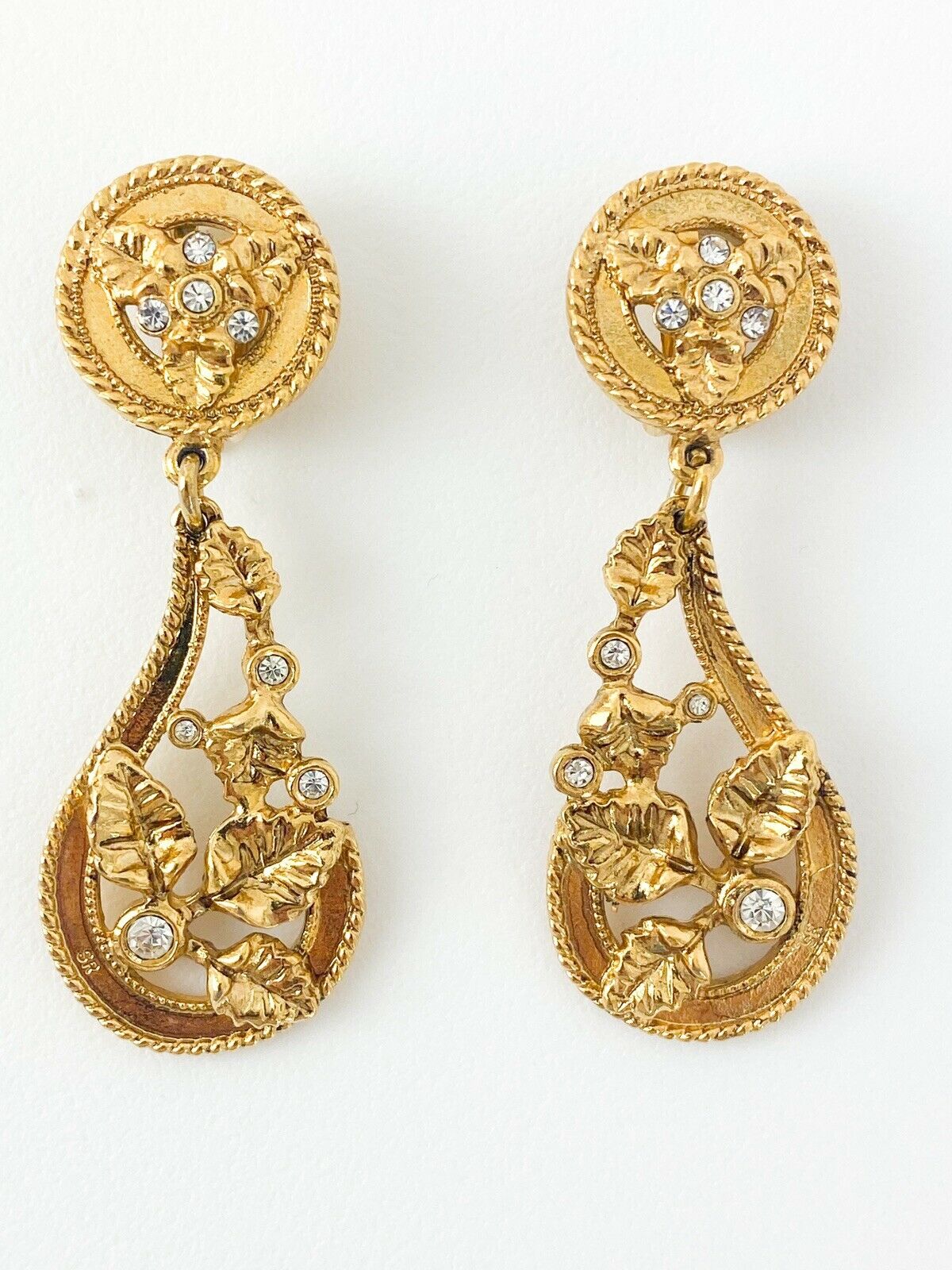 SONIA RYKIEL Vintage Gold Tone Dangle Leaves Earrings Rhinestone