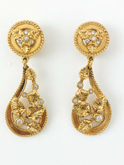 SONIA RYKIEL Vintage Gold Tone Dangle Leaves Earrings Rhinestone