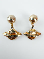 Moschino Vintage Star Saturn Planet Dangle Earrings Gold Tone Logo