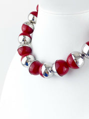 YSL Yves Saint Laurent Vintage Silver Tone Red Massive Bead Choker Necklace