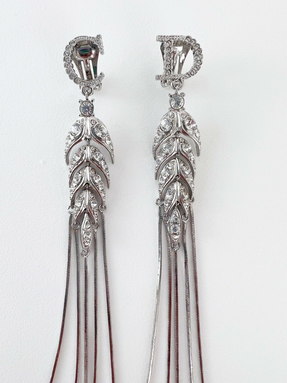 Christian Dior Silver Tone Vintage Clip-On Earrings Long Logo Rhinestones