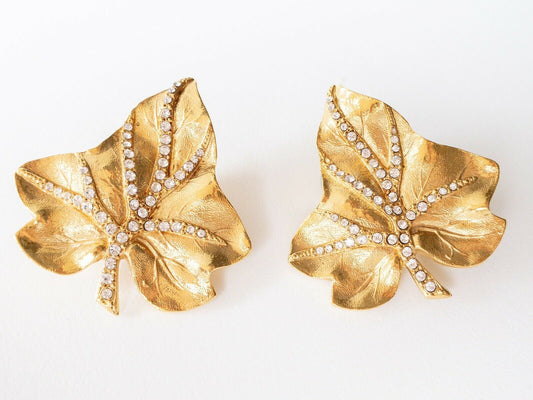 Jacques Fath Gold Tone Leaf Earrings Made in France Vintage