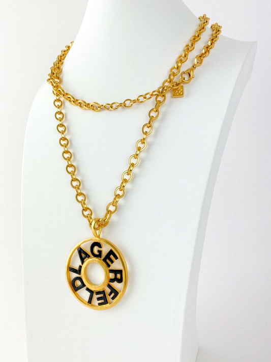Karl Lagerfeld Vintage Gold Tone Logo Chain Necklace Long Black