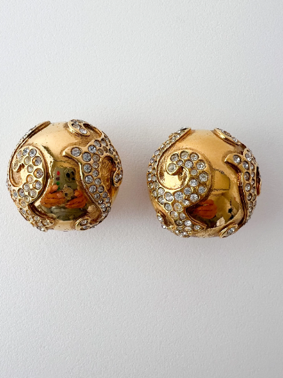 【SOLD OUT】YSL Yves Saint Laurent Vintage Gold Tone Earrings Round Dome Rhinestones