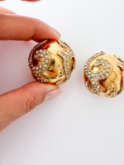 【SOLD OUT】YSL Yves Saint Laurent Vintage Gold Tone Earrings Round Dome Rhinestones