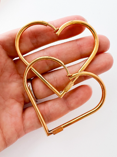 Moschino Vintage Gold Tone Heart Hoop Earrings Openwork Large