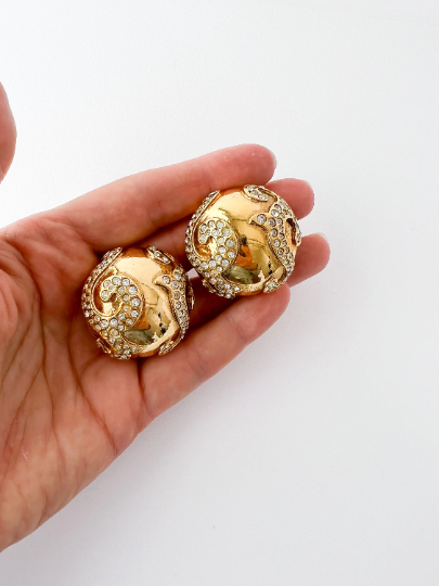 【SOLD OUT】YSL Yves Saint Laurent Vintage Gold Tone Earrings Round Dome Rhinestones