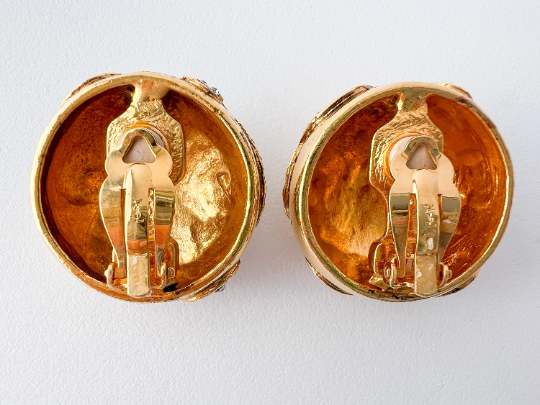 【SOLD OUT】YSL Yves Saint Laurent Vintage Gold Tone Earrings Round Dome Rhinestones