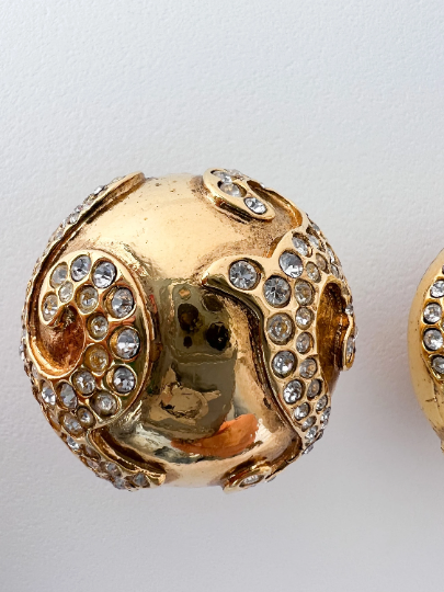【SOLD OUT】YSL Yves Saint Laurent Vintage Gold Tone Earrings Round Dome Rhinestones