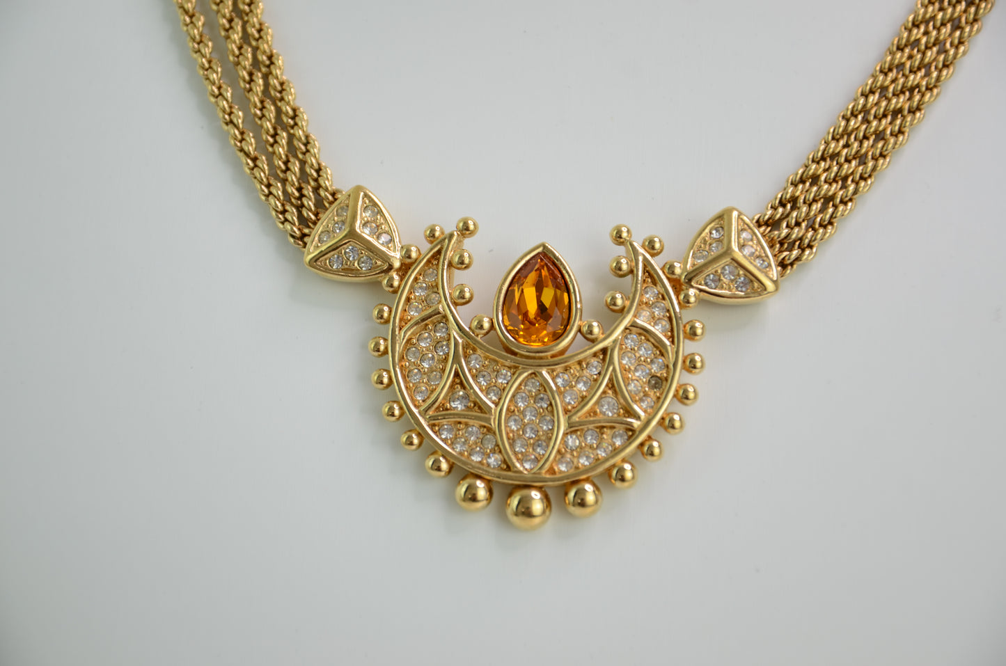 Vintage Christian Dior Gold Tone Gorgeous Choker Pendant Necklace Faceted Glass Rhinestones Vintage