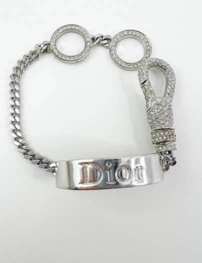 Christian Dior Vintage Logo Bracelet Crystal Rhinestones JOHN GALLIANO Rare Silver Tone