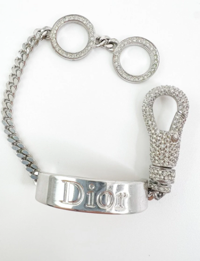 Christian Dior Vintage Logo Bracelet Crystal Rhinestones JOHN GALLIANO Rare Silver Tone