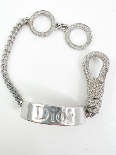 Christian Dior Vintage Logo Bracelet Crystal Rhinestones JOHN GALLIANO Rare Silver Tone