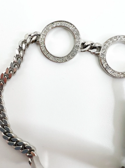 Christian Dior Vintage Logo Bracelet Crystal Rhinestones JOHN GALLIANO Rare Silver Tone