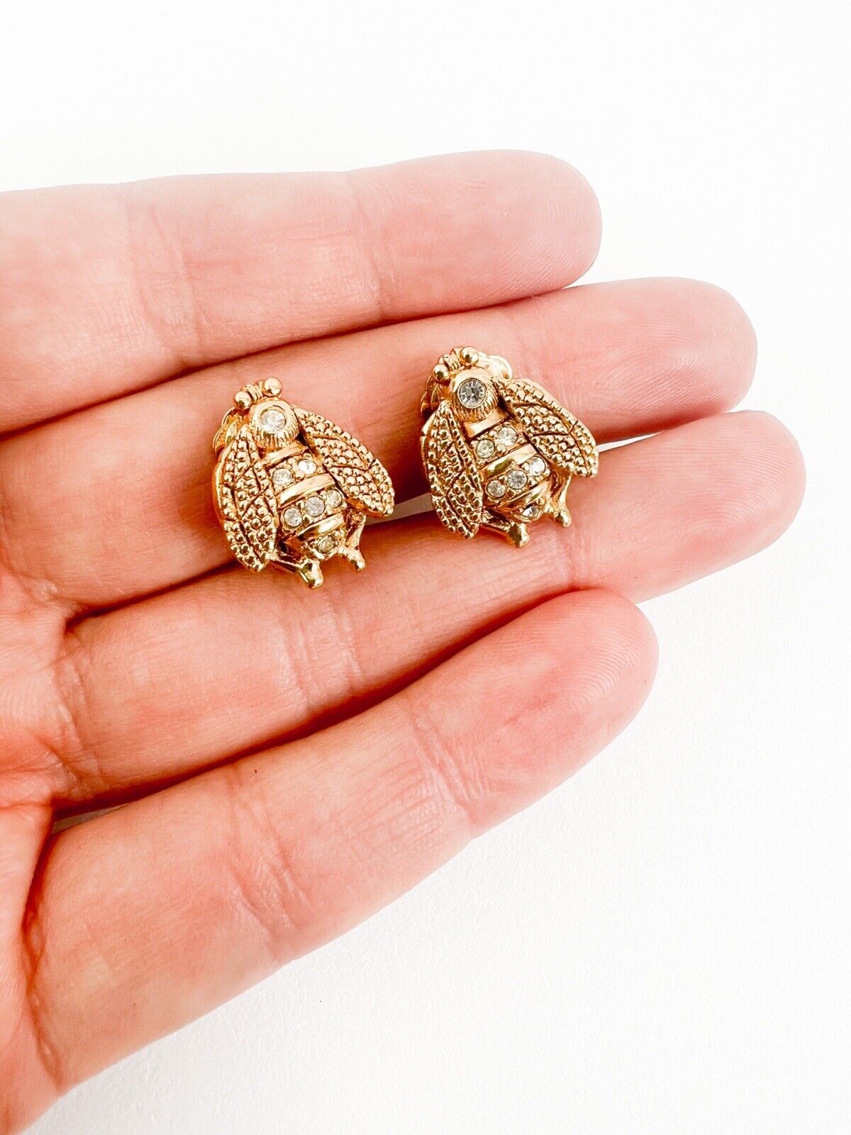 Christian Dior Vintage Iconic Bee Earrings Gold Tone Rhinestone Bujor Japan