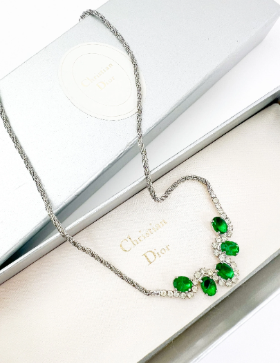 Vintage Dior Necklace, Necklace Silver, Emerald green charm, Vintage Dior Choker, Charm Necklace Silver, Bridesmaid Necklace, Gift for her