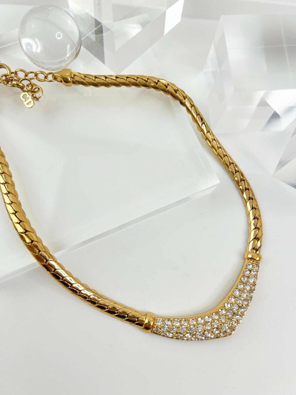 Christian Dior Vintage Necklace Gold Choker Rhinestone