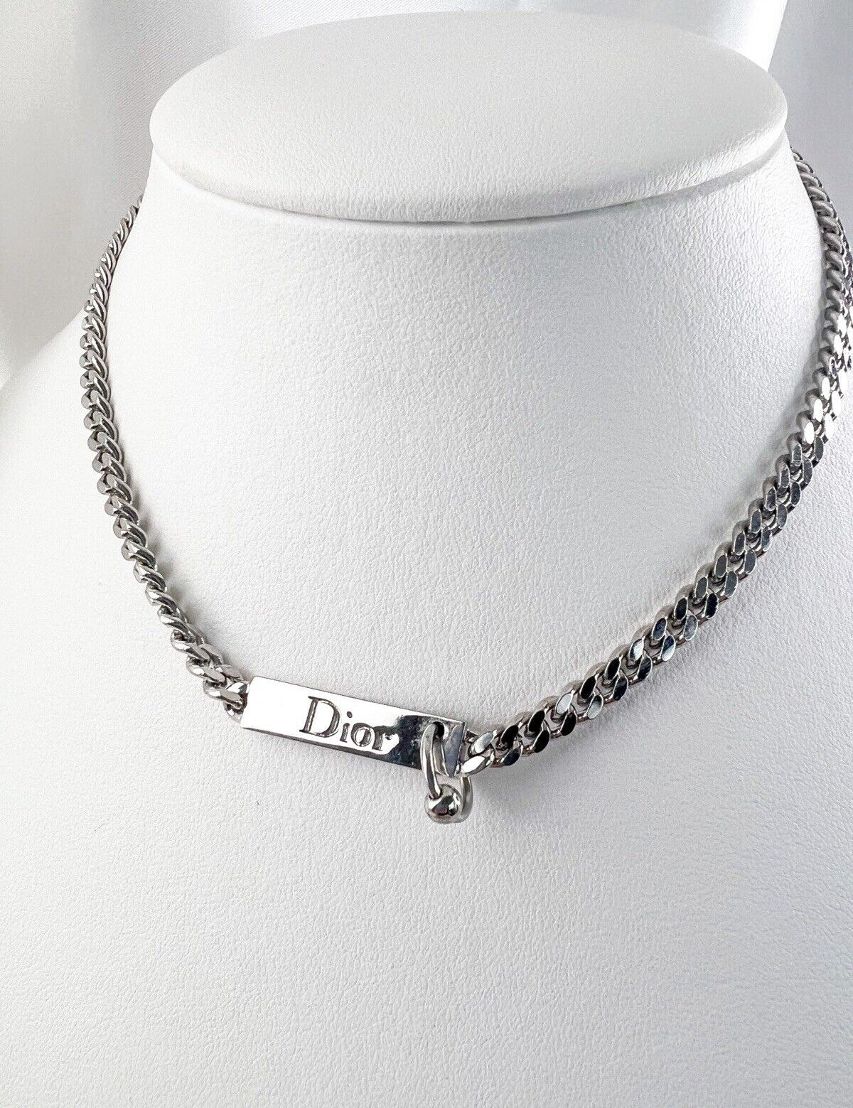 Christian Dior silver Tone Dior Logo Chain Choker Necklace Vintage ID Choker