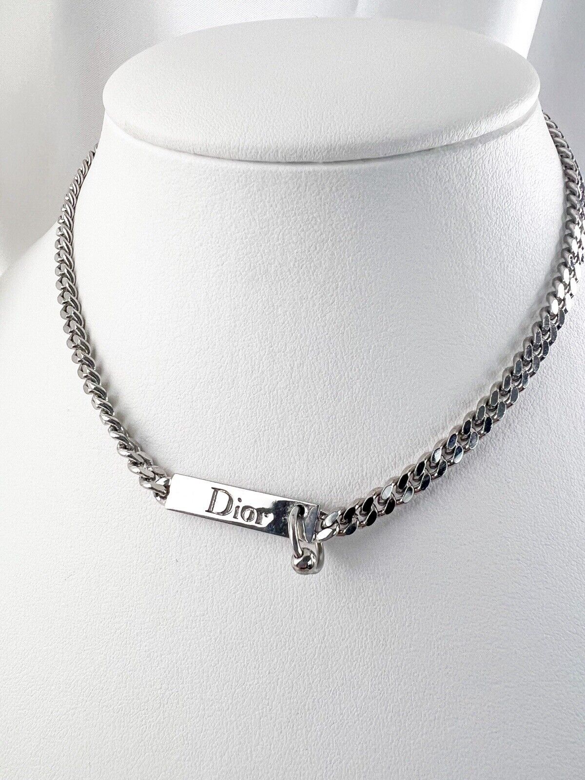 Christian Dior silver Tone Dior Logo Chain Choker Necklace Vintage ID Choker