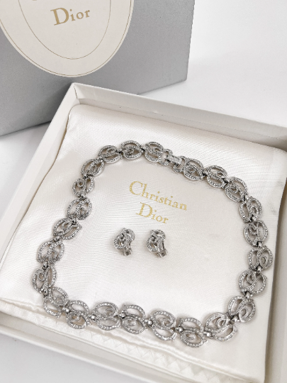 Christian Dior necklace, Dior earrings, Jewelry Sets, CD logo necklace, Vintage Christian Dior choker, Gift for her, Vintage Jewelry Silver