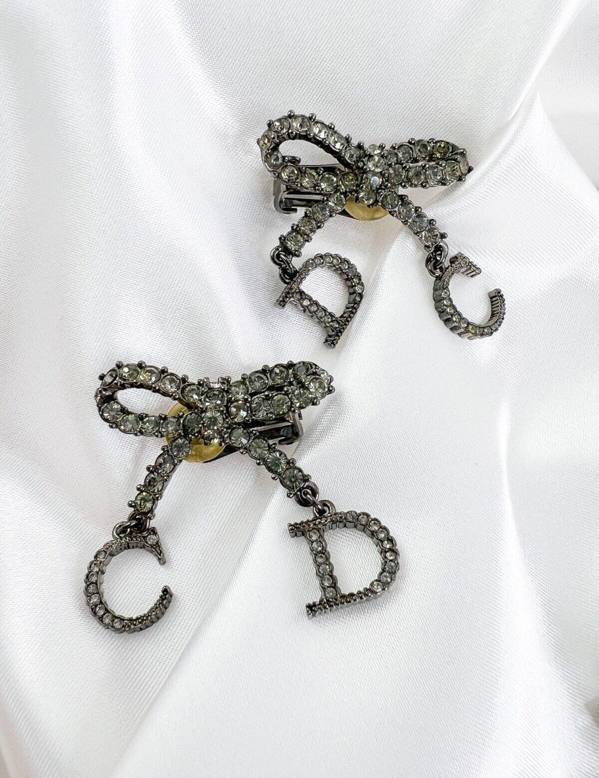 Christian Dior Letters Logo Charm Antique Silver Tone Ribbon Drop Earrings Rhinestones Vintage