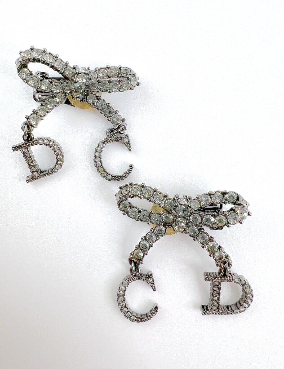 Christian Dior Letters Logo Charm Antique Silver Tone Ribbon Drop Earrings Rhinestones Vintage