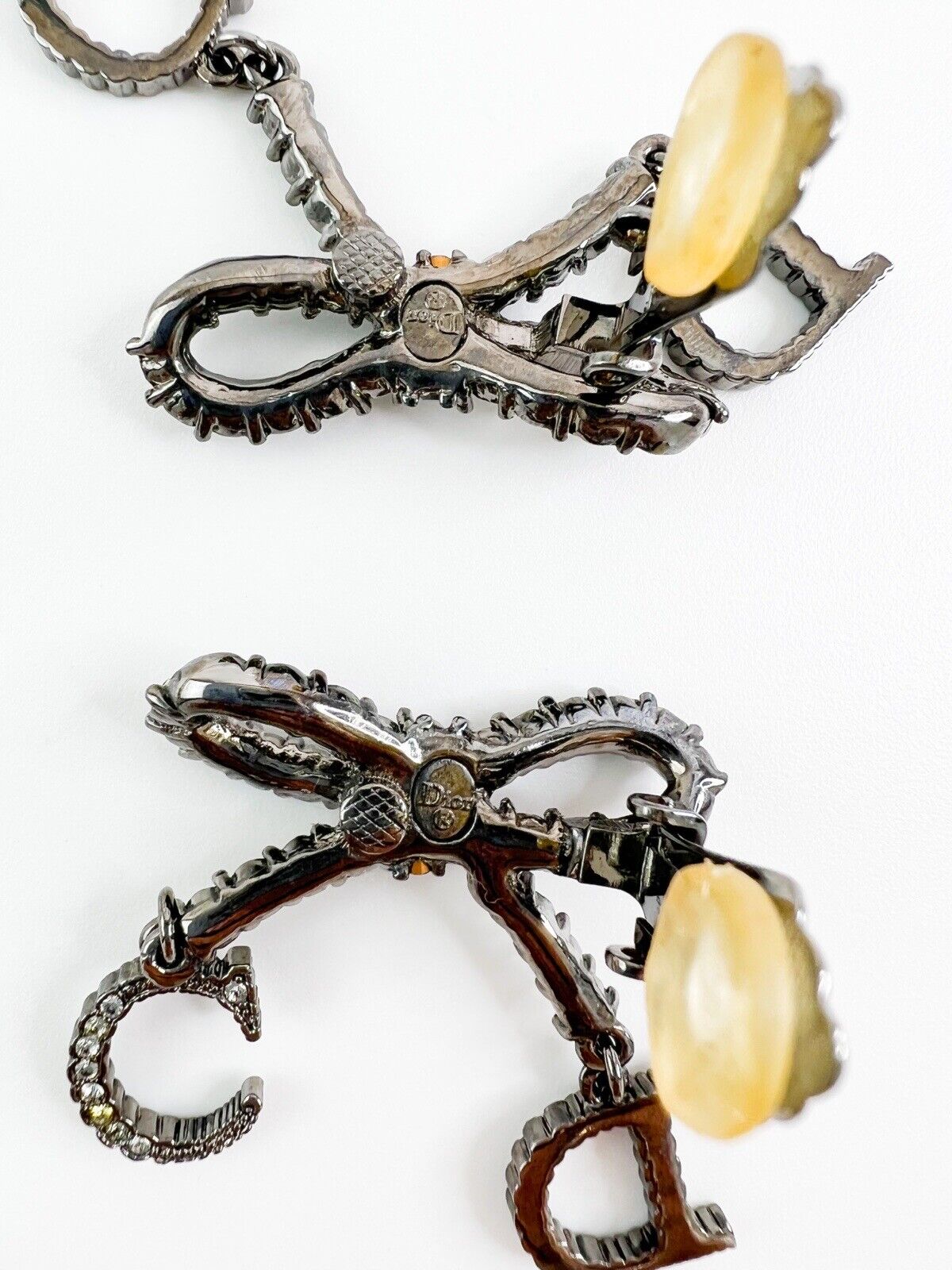 Christian Dior Letters Logo Charm Antique Silver Tone Ribbon Drop Earrings Rhinestones Vintage